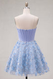 Sparkly Blue A Line Strapless Beaded Floral Short Corset Homecoming Dress