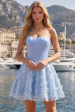 Sparkly Blue A Line Strapless Beaded Floral Short Corset Homecoming Dress