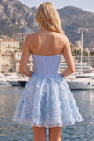 Sparkly Blue A Line Strapless Beaded Floral Short Corset Homecoming Dress