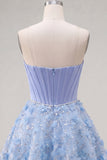 Sparkly Blue A Line Strapless Beaded Floral Short Corset Homecoming Dress