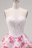 White Fuchsia Flower Strapless A Line Corset Short Homecoming Dress with Ruffles