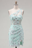Mint One Shoulder Corset Floral Bodycon Appliqued Homecoming Dress with Slit