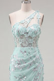 Mint One Shoulder Corset Floral Bodycon Appliqued Homecoming Dress with Slit