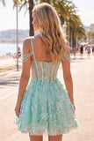 A-Line Mint Cold Shoulder Floral Corset Beaded Homecoming Dress
