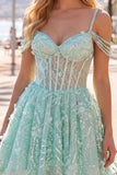 A-Line Mint Cold Shoulder Floral Corset Beaded Homecoming Dress