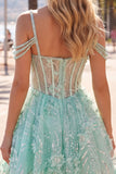 A-Line Mint Cold Shoulder Floral Corset Beaded Homecoming Dress