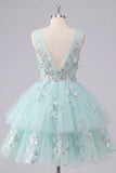 A-Line Mint V-Neck Tulle Floral Appliqued Homecoming Dress