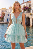 A-Line Mint V-Neck Tulle Floral Appliqued Homecoming Dress