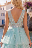 A-Line Mint V-Neck Tulle Floral Appliqued Homecoming Dress
