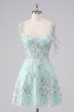 Off the Shoulder A-Line Corset Mint Floral Appliqued Homecoming Dress