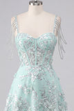 Off the Shoulder A-Line Corset Mint Floral Appliqued Homecoming Dress