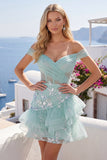 Off the Shoulder Mint Corset Sequins Homecoming Dress with Ruffles