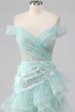Off the Shoulder Mint Corset Sequins Homecoming Dress with Ruffles