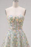 Green Sweetheart Sheer Corset A-Line Floral Homecoming Dress with Appliques
