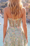Green Sweetheart Sheer Corset A-Line Floral Homecoming Dress with Appliques