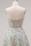 Green Sweetheart Sheer Corset A-Line Floral Homecoming Dress with Appliques