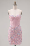 Sweetheart Pink Corset Bodycon Floral Homecoming Dress with Appliques