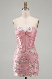 Sweetheart Pink Corset Bodycon Floral Homecoming Dress with Appliques