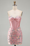 Sweetheart Pink Corset Bodycon Floral Homecoming Dress with Appliques