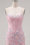 Sweetheart Pink Corset Bodycon Floral Homecoming Dress with Appliques