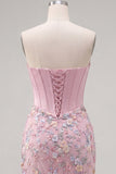 Sweetheart Pink Corset Bodycon Floral Homecoming Dress with Appliques