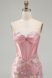 Sweetheart Pink Corset Bodycon Floral Homecoming Dress with Appliques