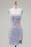 Blue Sheer Corset Bodycon Floral Ruched Appliqued Homecoming Dress with Slit