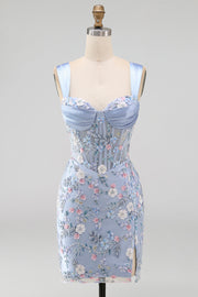 Blue Corset Tight Floral Ruched Short Formal Dress with Slit