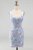 Blue Corset Tight Floral Ruched Short Formal Dress with Slit
