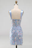 Blue Corset Tight Floral Ruched Short Formal Dress with Slit