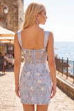 Blue Corset Tight Floral Ruched Short Formal Dress with Slit
