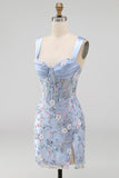Blue Corset Tight Floral Ruched Short Formal Dress with Slit