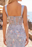 Blue Corset Tight Floral Ruched Short Formal Dress with Slit