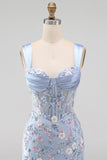 Blue Corset Tight Floral Ruched Short Formal Dress with Slit