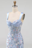 Blue Corset Tight Floral Ruched Short Formal Dress with Slit
