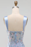 Blue Corset Tight Floral Ruched Short Formal Dress with Slit