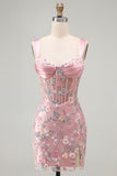 Blue Corset Tight Floral Ruched Short Formal Dress with Slit