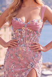 Blue Corset Tight Floral Ruched Short Formal Dress with Slit