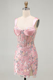Blue Corset Tight Floral Ruched Short Formal Dress with Slit