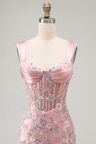 Blue Corset Tight Floral Ruched Short Formal Dress with Slit