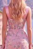 Blue Corset Tight Floral Ruched Short Formal Dress with Slit