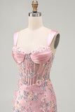 Blue Corset Tight Floral Ruched Short Formal Dress with Slit