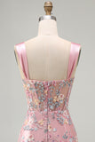 Blue Corset Tight Floral Ruched Short Formal Dress with Slit
