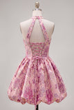 Fuchsia A-Line Halter Neck Jacquard Floral Homecoming Dress