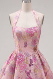 Fuchsia A-Line Halter Neck Jacquard Floral Homecoming Dress