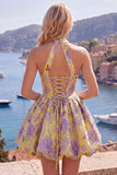 Fuchsia A-Line Halter Neck Jacquard Floral Homecoming Dress