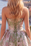 A-Line Yellow Strapless Ruched Jacquard Floral Homecoming Dress