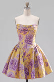 A-Line Yellow Strapless Ruched Jacquard Floral Homecoming Dress