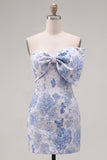 Blue Jacquard Sweetheart Bodycon Floral Homecoming Dress with Bow