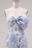 Blue Jacquard Sweetheart Bodycon Floral Homecoming Dress with Bow